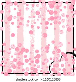Pink glitter confetti with dots on white stripes. Shiny random falling sequins with sparkles. Design with pink glitter confetti for party invitation, banner, greeting card, bridal shower.