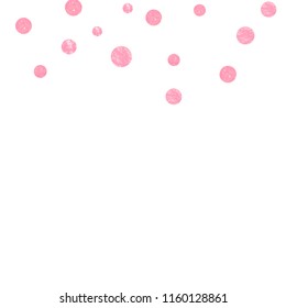 Pink glitter confetti with dots on isolated backdrop. Shiny falling sequins with shimmer and sparkles. Template with pink glitter confetti for party invitation, event banner, flyer, birthday card.