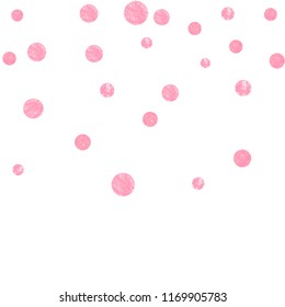 Pink glitter confetti with dots on isolated backdrop. Sequins with metallic shimmer and sparkles. Design with pink glitter confetti for party invitation, bridal shower and save the date invite.
