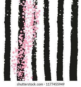 Pink glitter confetti with dots on black stripes. Shiny falling sequins with shimmer and sparkles. Template with pink glitter confetti for party invitation, event banner, flyer, birthday card.