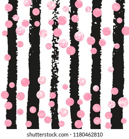 Pink glitter confetti with dots on black stripes. Shiny falling sequins with shimmer and sparkles. Design with pink glitter confetti for greeting card, bridal shower and save the date invite.