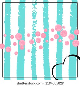 Pink glitter confetti with dots on turquoise stripes. Sequins with metallic shimmer and sparkles. Template with pink glitter confetti for party invitation, event banner, flyer, birthday card.
