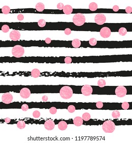 Pink glitter confetti with dots on black stripes. Shiny random sequins with metallic sparkles. Design with pink glitter confetti for greeting card, bridal shower and save the date invite.
