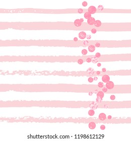 Pink glitter confetti with dots on white stripes. Sequins with metallic shimmer and sparkles. Design with pink glitter confetti for party invitation, bridal shower and save the date invite.