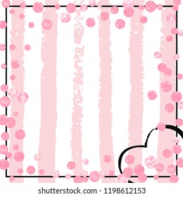 Pink glitter confetti with dots on white stripes. Shiny random falling sequins with shimmer. Template with pink glitter confetti for party invitation, event banner, flyer, birthday card.
