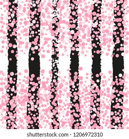 Pink glitter confetti with dots on black stripes. Random falling sequins with metallic shimmer. Design with pink glitter confetti for party invitation, event banner, flyer, birthday card.