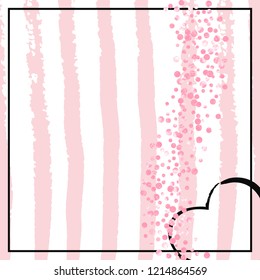 Pink glitter confetti with dots on white stripes. Falling sequins with glossy sparkles. Template with pink glitter confetti for party invitation, banner, greeting card, bridal shower.