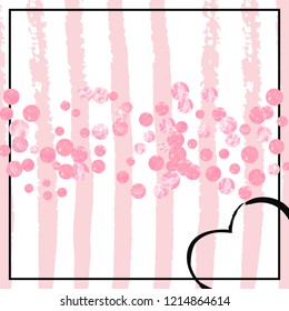 Pink glitter confetti with dots on white stripes. Falling sequins with shimmer and sparkles. Design with pink glitter confetti for greeting card, bridal shower and save the date invite.