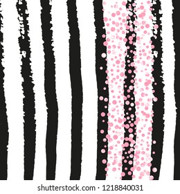 Pink glitter confetti with dots on black stripes. Random falling sequins with glossy sparkles. Template with pink glitter confetti for party invitation, event banner, flyer, birthday card.