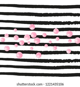 Pink glitter confetti with dots on black stripes. Falling sequins with glossy sparkles. Design with pink glitter confetti for party invitation, bridal shower and save the date invite.