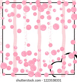 Pink glitter confetti with dots on white stripes. Random falling sequins with metallic shimmer. Template with pink glitter confetti for party invitation, banner, greeting card, bridal shower.