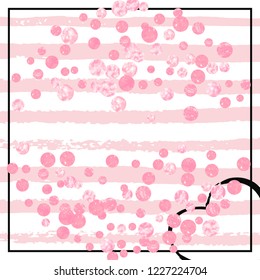 Pink glitter confetti with dots on white stripes. Shiny random falling sequins with shimmer. Template with pink glitter confetti for party invitation, bridal shower and save the date invite.