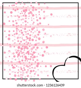 Pink glitter confetti with dots on white stripes. Shiny random falling sequins with sparkles. Design with pink glitter confetti for greeting card, bridal shower and save the date invite.