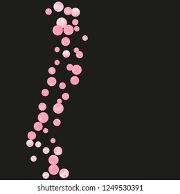 Pink glitter confetti with dots on isolated backdrop. Shiny random falling sequins with shimmer. Template with pink glitter confetti for greeting card, bridal shower and save the date invite.