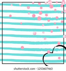 Pink glitter confetti with dots on turquoise stripes. Falling sequins with metallic shimmer. Design with pink glitter confetti for party invitation, banner, greeting card, bridal shower.