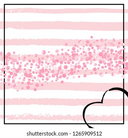 Pink glitter confetti with dots on white stripes. Falling sequins with metallic shimmer. Template with pink glitter confetti for party invitation, banner, greeting card, bridal shower.