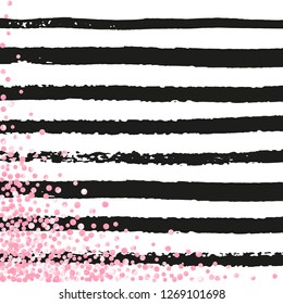 Pink glitter confetti with dots on black stripes. Sequins with metallic shimmer and sparkles. Template with pink glitter confetti for party invitation, banner, greeting card, bridal shower.