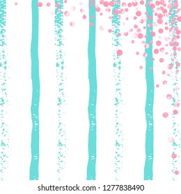 Pink glitter confetti with dots on turquoise stripes. Shiny random falling sequins with shimmer. Design with pink glitter confetti for party invitation, banner, greeting card, bridal shower.