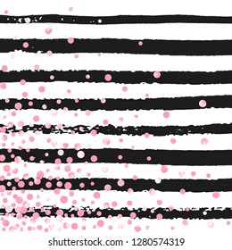 Pink glitter confetti with dots on black stripes. Random falling sequins with metallic shimmer. Design with pink glitter confetti for party invitation, bridal shower and save the date invite.