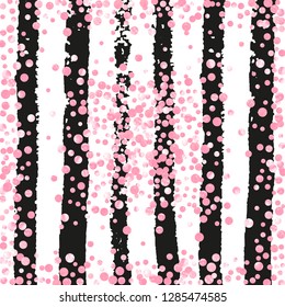 Pink glitter confetti with dots on black stripes. Shiny random falling sequins with sparkles. Design with pink glitter confetti for party invitation, banner, greeting card, bridal shower.