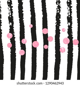 Pink glitter confetti with dots on black stripes. Sequins with metallic shimmer and sparkles. Design with pink glitter confetti for party invitation, bridal shower and save the date invite.