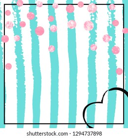 Pink glitter confetti with dots on turquoise stripes. Sequins with metallic shimmer and sparkles. Design with pink glitter confetti for party invitation, bridal shower and save the date invite.