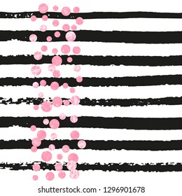 Pink glitter confetti with dots on black stripes. Shiny random falling sequins with sparkles. Design with pink glitter confetti for party invitation, event banner, flyer, birthday card.