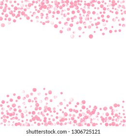Pink glitter confetti with dots on isolated backdrop. Falling sequins with metallic shimmer. Template with pink glitter confetti for party invitation, banner, greeting card, bridal shower.
