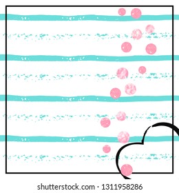 Pink glitter confetti with dots on turquoise stripes. Falling sequins with glossy sparkles. Design with pink glitter confetti for party invitation, bridal shower and save the date invite.