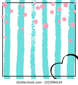 Pink glitter confetti with dots on turquoise stripes. Shiny random falling sequins with sparkles. Design with pink glitter confetti for greeting card, bridal shower and save the date invite.