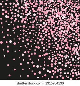 Pink glitter confetti with dots on isolated backdrop. Shiny random sequins with metallic sparkles. Design with pink glitter confetti for greeting card, bridal shower and save the date invite.