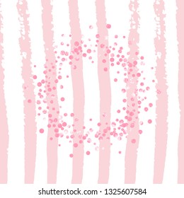 Pink glitter confetti with dots on white stripes. Sequins with metallic shimmer and sparkles. Template with pink glitter confetti for party invitation, bridal shower and save the date invite.