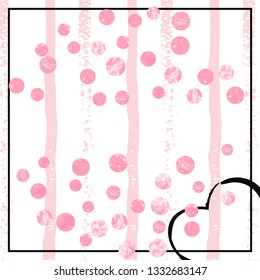 Pink glitter confetti with dots on white stripes. Falling sequins with metallic shimmer. Design with pink glitter confetti for greeting card, bridal shower and save the date invite.