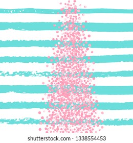 Pink glitter confetti with dots on turquoise stripes. Shiny random sequins with metallic sparkles. Design with pink glitter confetti for party invitation, bridal shower and save the date invite.