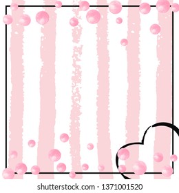 Pink glitter confetti with dots on white stripes. Shiny random falling sequins with sparkles. Template with pink glitter confetti for party invitation, bridal shower and save the date invite.