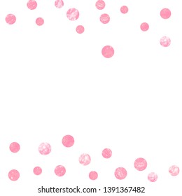 Pink glitter confetti with dots on isolated backdrop. Falling sequins with metallic shimmer. Template with pink glitter confetti for party invitation, bridal shower and save the date invite.