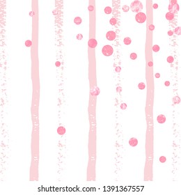 Pink glitter confetti with dots on white stripes. Falling sequins with shimmer and sparkles. Template with pink glitter confetti for party invitation, banner, greeting card, bridal shower.