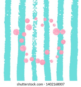 Pink glitter confetti with dots on turquoise stripes. Shiny random sequins with metallic sparkles. Design with pink glitter confetti for greeting card, bridal shower and save the date invite.