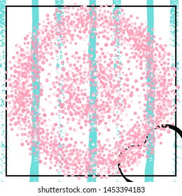Pink glitter confetti with dots on turquoise stripes. Shiny random falling sequins with shimmer. Template with pink glitter confetti for party invitation, event banner, flyer, birthday card.