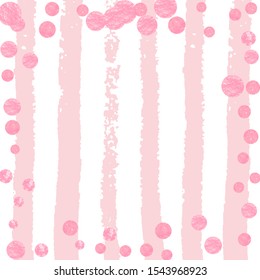 Pink glitter confetti with dots on white stripes. Shiny random falling sequins with shimmer. Template with pink glitter confetti for party invitation, event banner, flyer, birthday card.