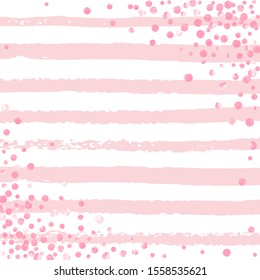 Pink glitter confetti with dots on white stripes. Shiny random falling sequins with sparkles. Template with pink glitter confetti for party invitation, event banner, flyer, birthday card.