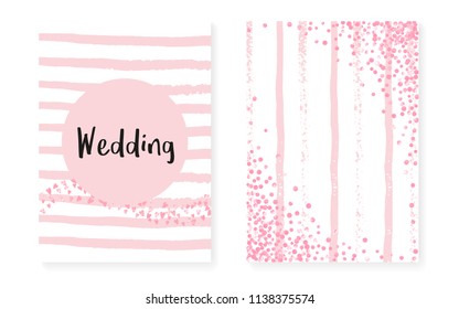 Pink glitter confetti with dots and sequins. Wedding and bridal shower invitation cards set. Vertical stripes background. Fashion pink glitter confetti for party, event, save the date flyer.