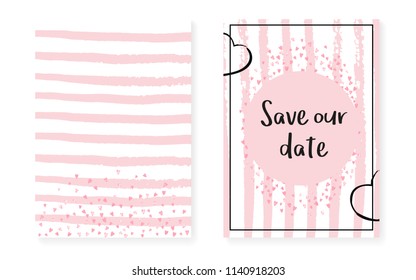 Pink glitter confetti with dots and sequins. Wedding and bridal shower invitation cards set. Vertical stripes background. Luxury pink glitter confetti for party, event, save the date flyer.