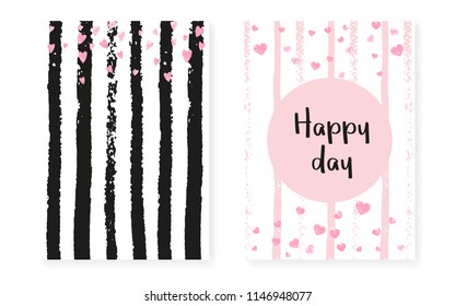 Pink glitter confetti with dots and sequins. Wedding and bridal shower invitation cards set. Vertical stripes background. Vintage pink glitter confetti for party, event, save the date flyer.