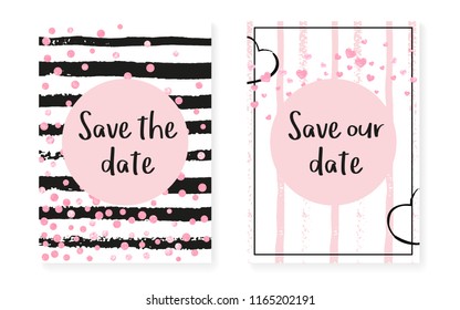 Pink glitter confetti with dots and sequins. Wedding and bridal shower invitation cards set. Vertical stripes background. Creative pink glitter confetti for party, event, save the date flyer.