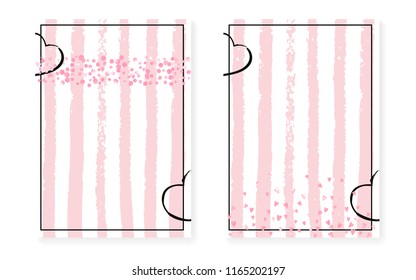 Pink glitter confetti with dots and sequins. Wedding and bridal shower invitation cards set. Vertical stripes background. Fashion pink glitter confetti for party, event, save the date flyer.