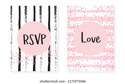 Pink glitter confetti with dots and sequins. Wedding and bridal shower invitation cards set. Vertical stripes background. Luxury pink glitter confetti for party, event, save the date flyer.