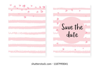 Pink glitter confetti with dots and sequins. Wedding and bridal shower invitation cards set. Vertical stripes background. Creative pink glitter confetti for party, event, save the date flyer.