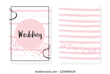 Pink glitter confetti with dots and sequins. Wedding and bridal shower invitation cards set. Vertical stripes background. Creative pink glitter confetti for party, event, save the date flyer.