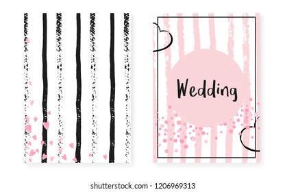 Pink glitter confetti with dots and sequins. Wedding and bridal shower invitation cards set. Vertical stripes background. Fashion pink glitter confetti for party, event, save the date flyer.